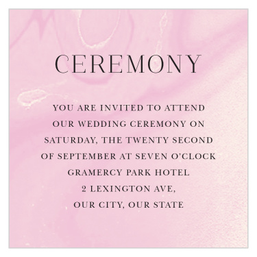 The Blushing Gold Ceremony Cards feature a lush background of pink and gold hues that swirl together into a creamy almost holographic finish.