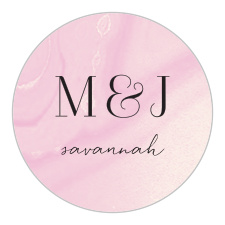 The Blushing Gold Wedding Stickers feature a lush background of pink and gold hues that swirl together into a creamy almost holographic finish.