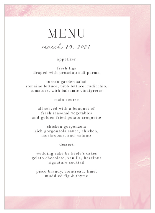 Swirls of pink and gold hues blend together into a dreamy, cream textured finish for our Blushing Gold Wedding Menus. 