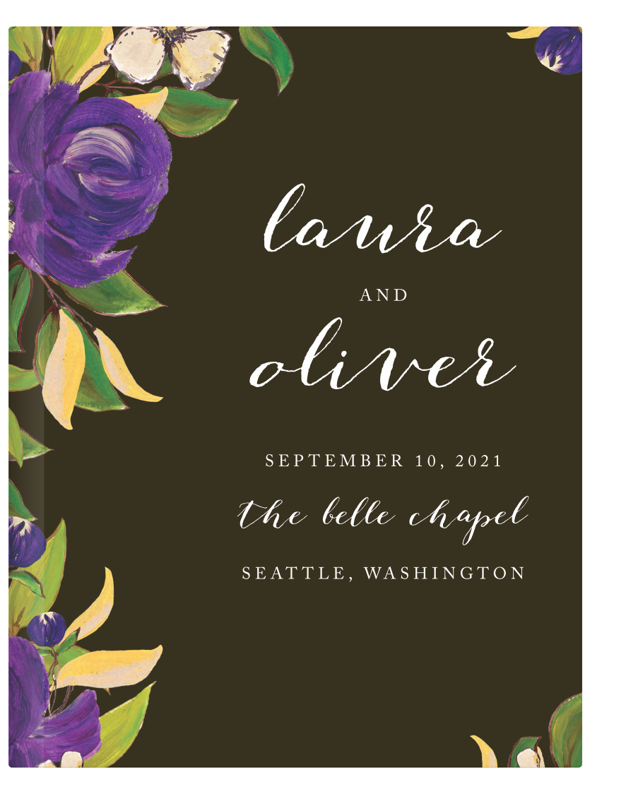 Preserve every moment and every member of your wedding day within our stunning Purple Blooms Guest Book- which is soon to be your Purple Blooms Guest Book. Vibrant purples and soft greens decorate the lefthand side of the book's cover in the style of oil-painted florals, leaving plenty of space for the high-contrast white text against an earth-brown background. With plenty of space inside for every single guest to leave a personalized message, these guest books are the perfect choice for your wedding day.