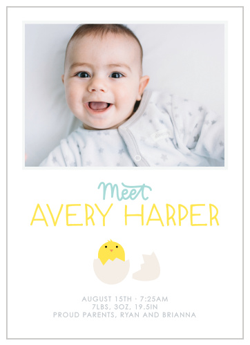 Share the news from the hilltops with our stunning Ready to Hatch Birth Announcements.