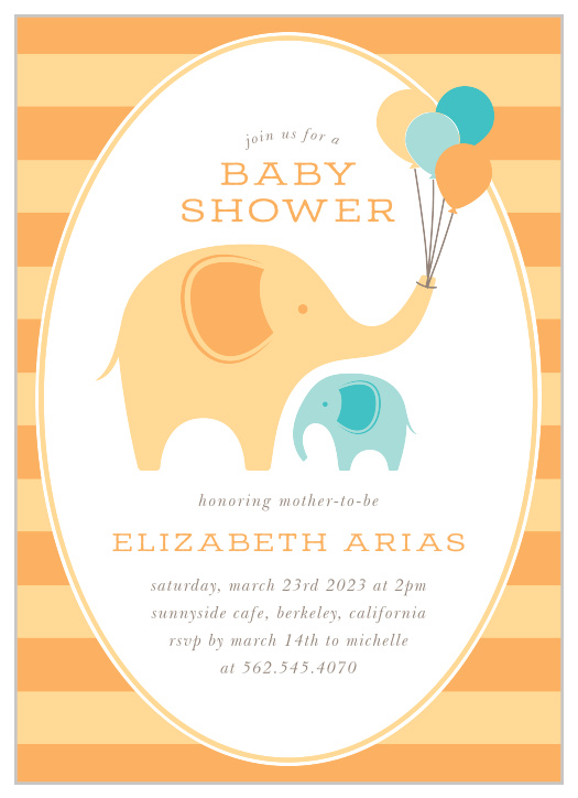 With a delightful combination of orange stripes and teal illustrations, a playful print to spell out the event's details, and an adorable duo of elephants decorating our Little Elephant Baby Shower Invitations, these cards are a perfect choice for your guests. 