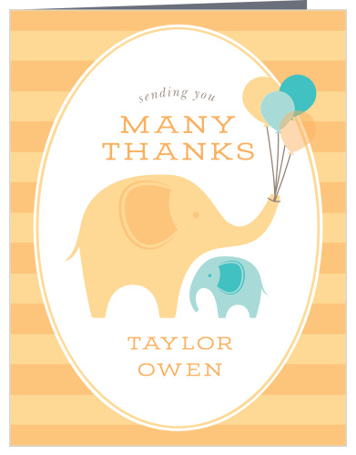 Our Little Elephant Baby Shower Thank You Cards feature an adorable duo of elephants- the adult in orange and the child in teal- as their primary design, complete with an orange striped background and a playful print. With these stunningly simple cards, you can turn your gratitude into something truly tangible.