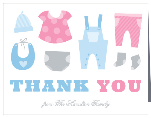 Thank your guests for their company with our Baby Clothes Reveal Baby Shower Thank You Cards.