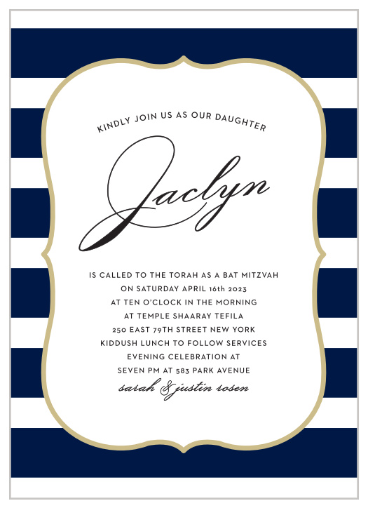 The Scallop Frame Bat Mitzvah invitation exudes feminine tones while still being strong, perfect for any young lady celebrating her Bat Mitzvah.