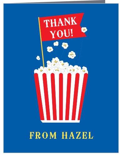 Our About to Pop Baby Shower Thank You Cards feature a vintage, red and white striped popcorn bucket, with warm, buttery popcorn popping out of it.