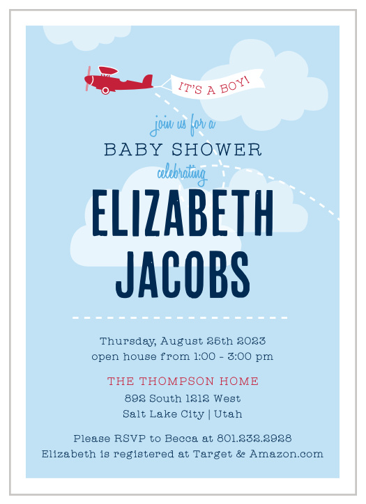 Airplane Baby Shower Invitations - Match Your Color & Style Free!