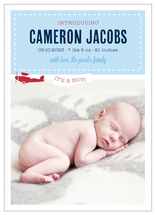 Our Airplane Banner Birth Announcements feature darling illustrations of a vintage, cardinal red plane flying across a photo of your little one, and towing a banner that reveals the gender.
