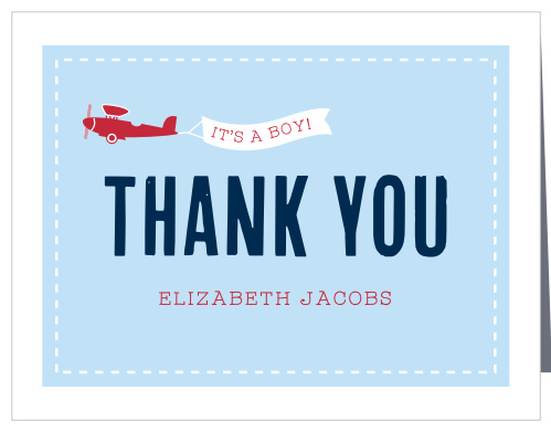 Our Airplane Banner Baby Shower Thank You Cards feature darling illustrations of a vintage, cardinal red plane flying across a soft blue sky towing a banner that shows if your little one will be a boy or a girl, above your boldly stated gratitude! 