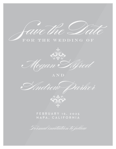 Our stunning Scripted Elegance Clear Save-the-Date Cards offer an unforgettable blend of modern minimalism and classic elegance.