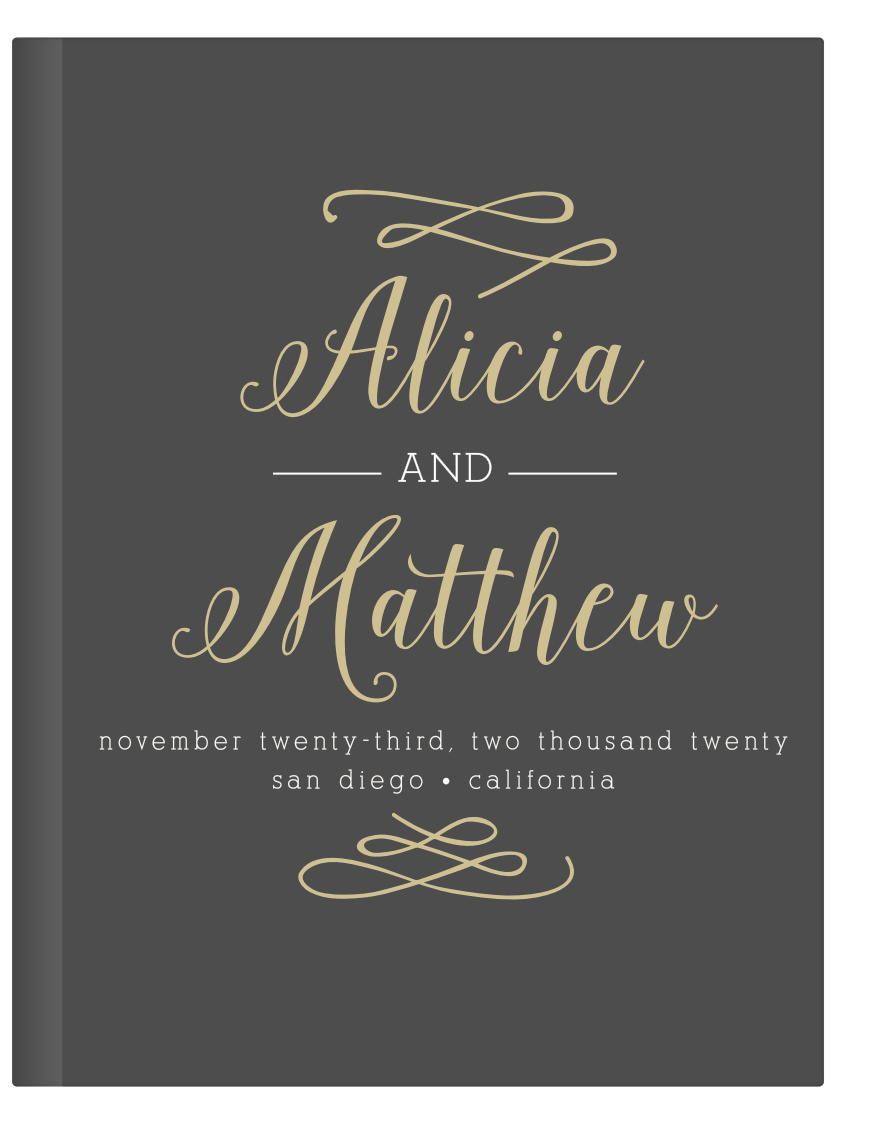 Use the subtle elegance and modern minimalism of our Whimsical Calligraphy Guest Book to store the memories of your wedding day. Shining gold-foil swirls across the page, spelling out your names, while your wedding day and location are written in a vintage-style print. With plenty of pages for your guests to write out exactly what they think and feel about your future, this guest book will be a gorgeous addition to your reception table.
