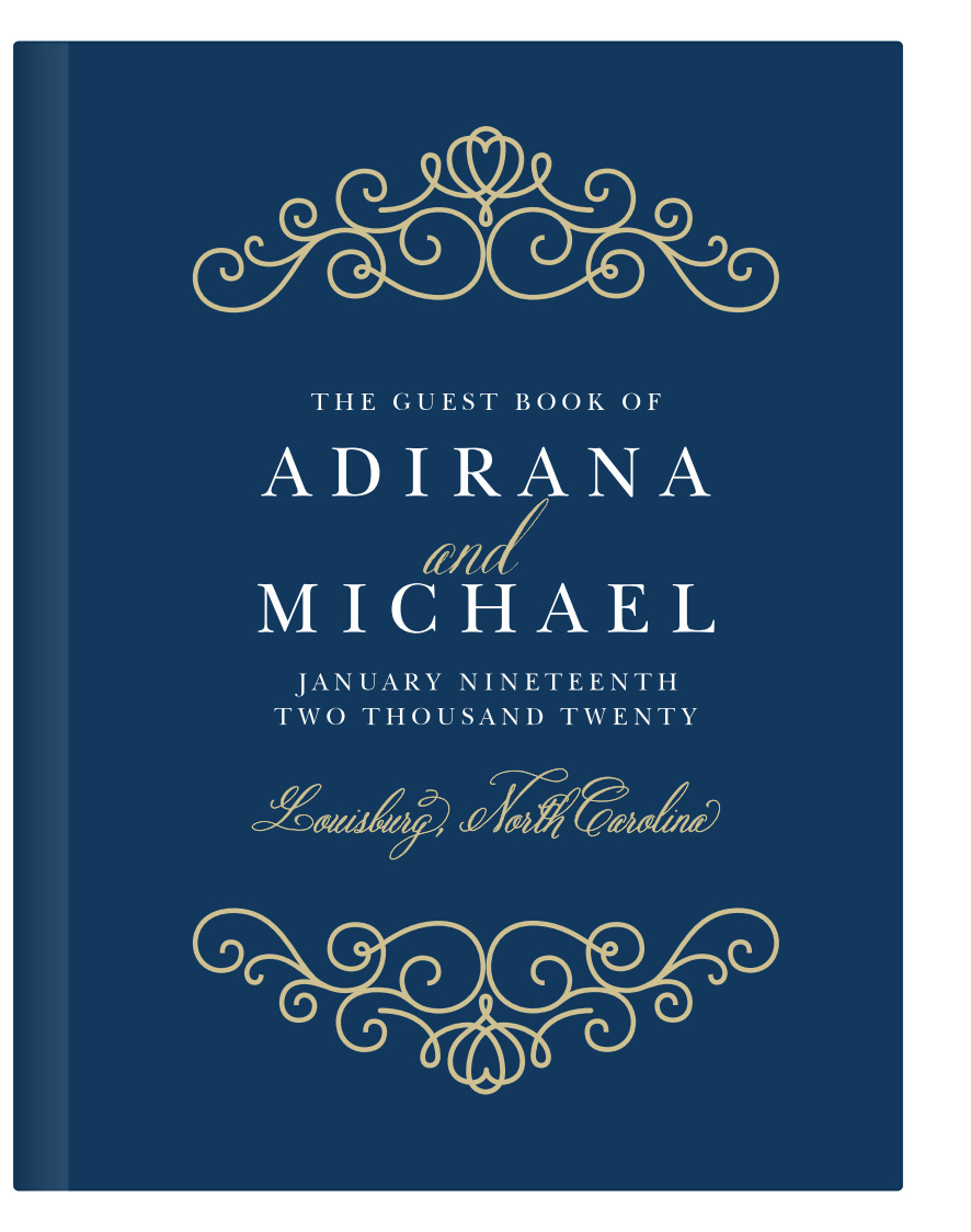 Rich navy and beautiful pseudo gold come together to make the elegant Royal Scrolls Guest Book.