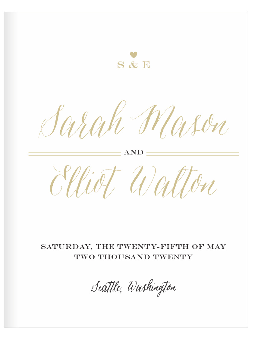 A simple emblem for your initials pairs with a very stylish calligraphy both done up in pseudo gold for the Rustic Chic Guest Book.