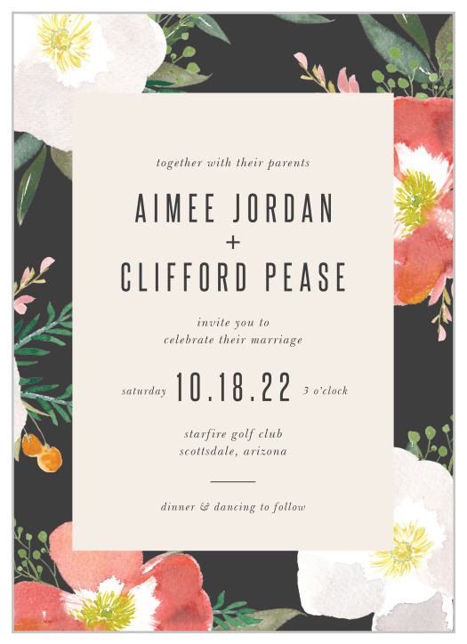 Our Spring Rose Wedding Invitations have a stormy grey border that is contrasted with brightly colored hibiscus flowers.