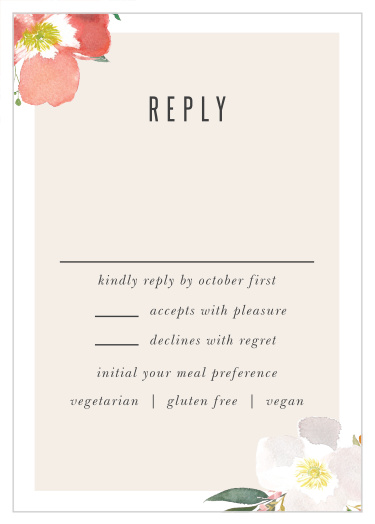 Our Spring Rose Response Cards feature a bright white border that is decorated with colorful hibiscus flowers, and a pearl colored text background that is reminiscent of sand.