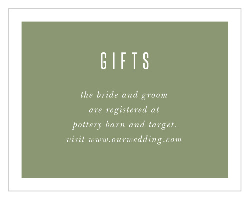 Our Spring Rose Registry Cards have a bright white border that frames your registry details, atop a guacamole green backdrop.
