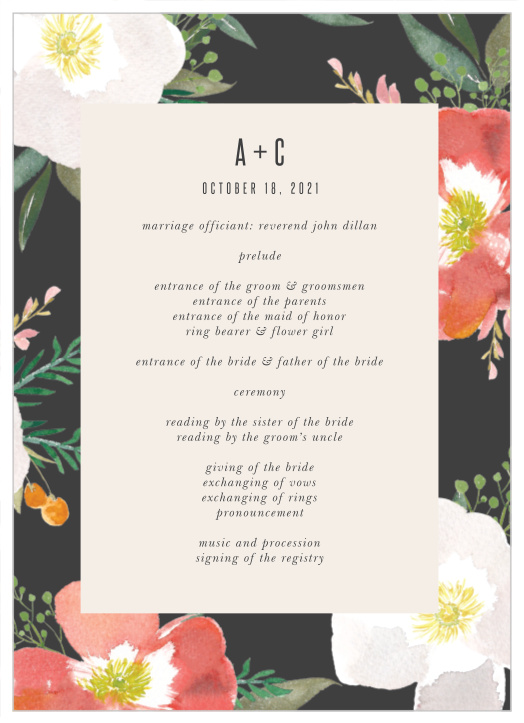 Our Spring Rose Wedding Programs have a stormy grey border that is contrasted with brightly colored hibiscus flowers.