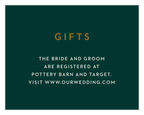 Guide your guests to the location of the items you need and want most with our Winter Berries Registry Cards. A beautiful, deep green forms the background and lends a stunning contrast to the details of your white text.