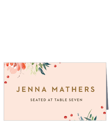 Assign seating for your guests with the stunning design of our Winter Berries Place Cards. Your guests' names are spelled out in a lovely print, specifically created for simplicity and ease of reading, that stands out sharply against the pale pink background. With floral illustrations falling all around the exterior of the card, these cards are a perfect pick for your perfect day.