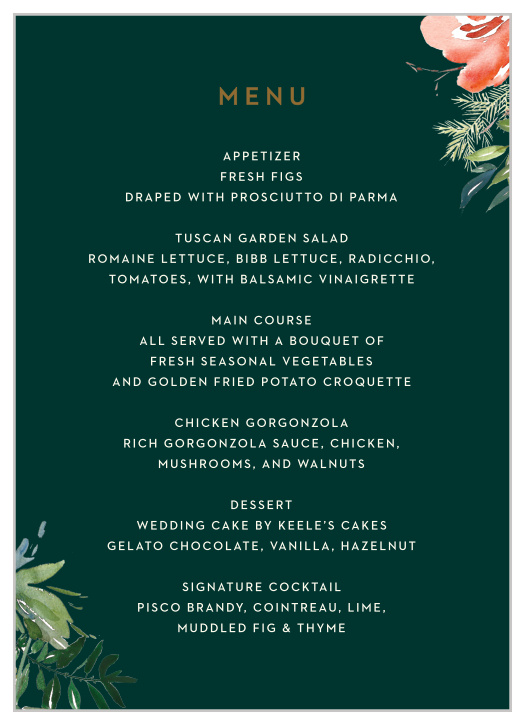 Winter Berries Wedding Menus provide the mouthwatering details your guests need to make their meal-time decision. With a single flower decorating the righthand side, and a beautiful collection of prints spelling out the specifics, these programs will look stunning on each of your tables.