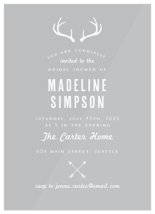 Our Homey Antlers Clear Bridal Shower Invitations are adorned with illustrations of antlers and crossing arrows.