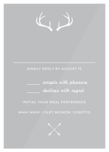 Our Rustic Antlers Clear Response Cards are adorned with illustrations of antlers and crossing arrows.