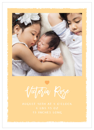 Adorn our Painted Edges Birth Announcements with a gorgeous photo of your choice, then share all the details of your newborn's birth in a combination of cute calligraphy and playful print. With a gorgeous peaches n' cream color scheme, these cards tell your friends and family everything they need to know in a style they'll love.