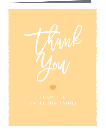 Express your appreciation with the swirling script of our Painted Edges Baby Shower Thank You Cards, complemented by a single heart illustration in a classic peaches n' cream design. With your names in an adorable print below, you can thank every single guest in style.