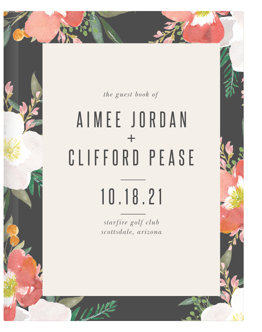 Our Spring Rose Guest Book has a stormy grey border that is contrasted with brightly colored hibiscus flowers.