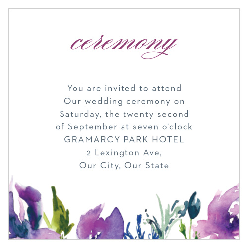 Make sure the most important people in your life make it to your rehearsal dinner or ceremony with our stunning Lavender Blooms Ceremony Cards.
