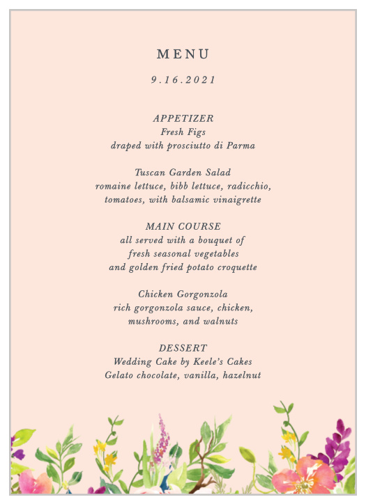 Treat your friends and family to a garden party picnic, a fine dining experience, or whatever else your occasion calls for with our Spring Peach Wedding Menus.