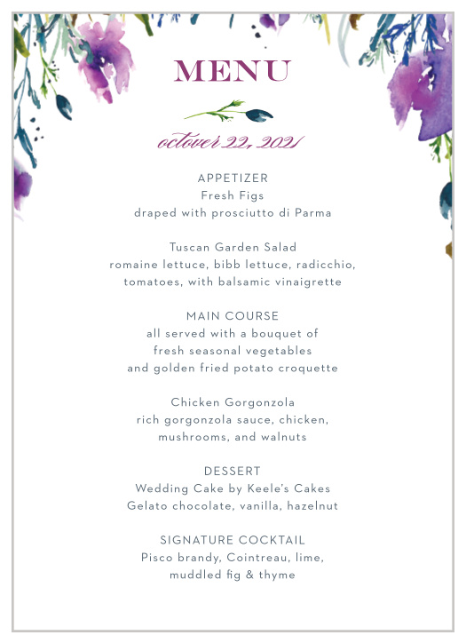 Treat your friends and family to a garden party picnic, a fine dining experience, or whatever else your occasion calls for with our Lavender Blooms Wedding Menus.
