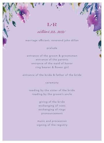 Impress your friends and family when you use our Lavender Blooms Wedding Programs.