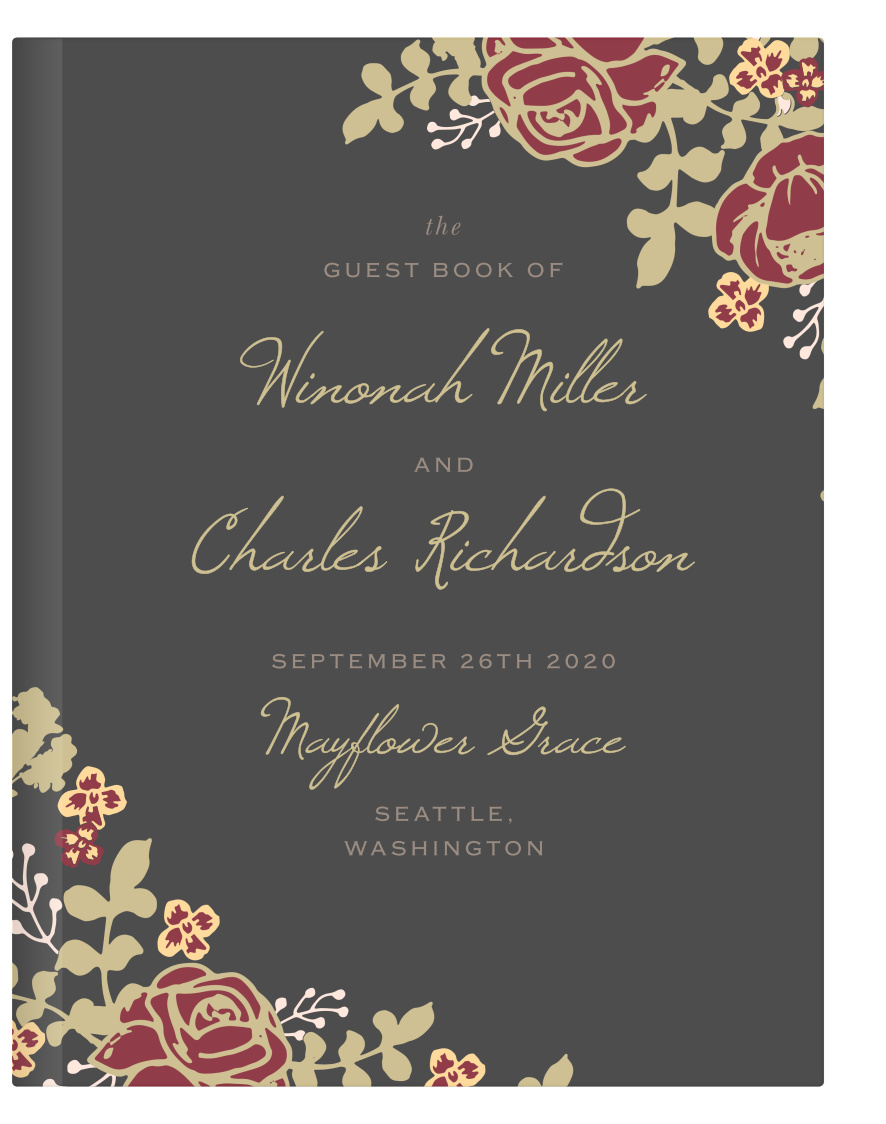 Vibrant rose arrangements decorate the edges of the Opulent Floweret Guest Book.