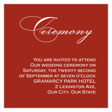 The red that so elegantly spells out your text in much of our Christmas Pine wedding suite now decorates the background of our Christmas Pine Ceremony Cards.