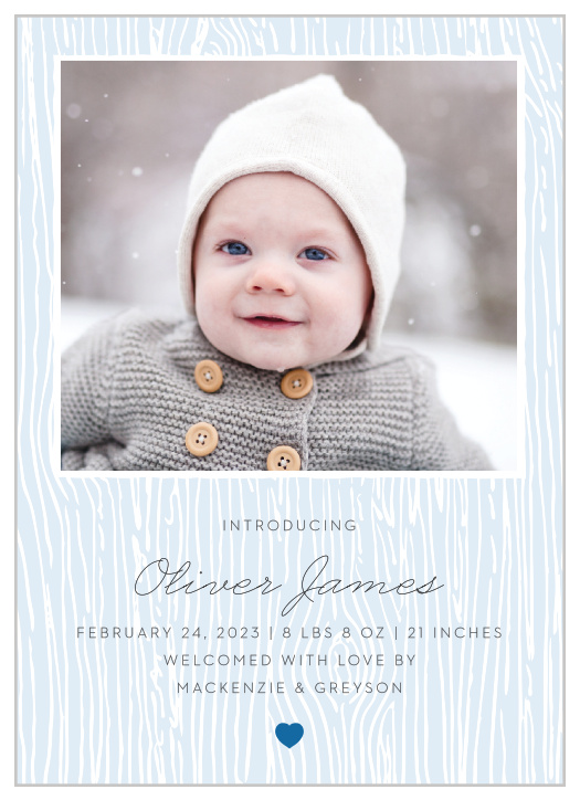 Make your newborn the shining star of our Rustic Woodgrain Birth Announcements with your choice of photo decorating its center. An elegant script spells out their name in sharp contrast to the classic print used for the details of their birth, guaranteeing that the recipients of this card focus in on what's most important: the newest member of your family.