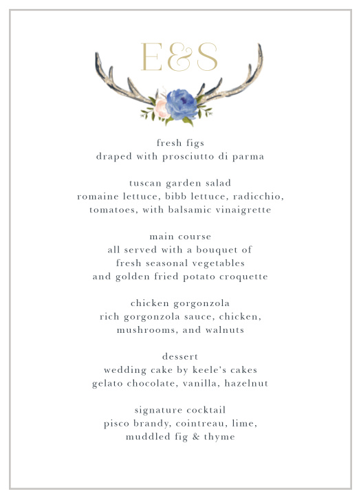 Describe every single meal option in mouth-watering detail using our Floral Antlers Wedding Menus. Featuring the same gorgeous design as the rest of the Floral Antlers wedding suite- a pair of antlers joined together by a duo of flowers, topped by your initials in bright pseudo-gold-, you can be sure that your menus are as stunning as the rest of your wedding day.