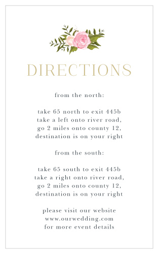 Guide your guests step-by-step to the wedding venue of your dreams with our Floral Antlers Direction Cards. A duo of blooming flowers decorates the top of the page, hovering just above the bold pseudo-gold print that declares the purpose of the card. With the actual directions in an easy-to-read onyx color, these cards will be endlessly useful to your guests.
