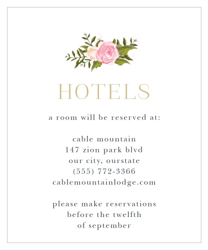 Guarantee that your guests are as comfortable as possible in the days surrounding your wedding with our Floral Antlers Accommodation Cards. Decorated in a combination of cheerful florals, elegant pseudo-gold text, and classic onyx-colored type, you can recommend only the best local hotels- and in style, too.