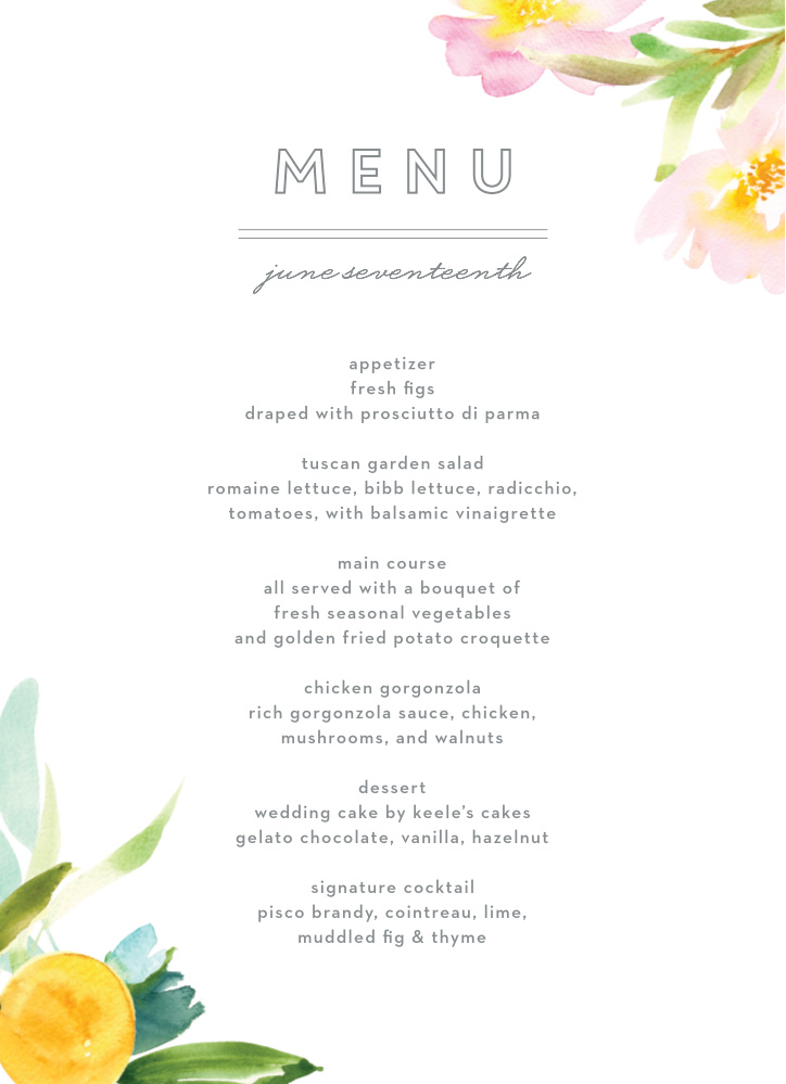 Summer Bouquet Wedding Menus by Basic Invite