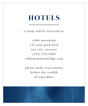 Treat your guests traveling from afar like royalty with our stunning Indigo Watercolor Accommodation Cards.