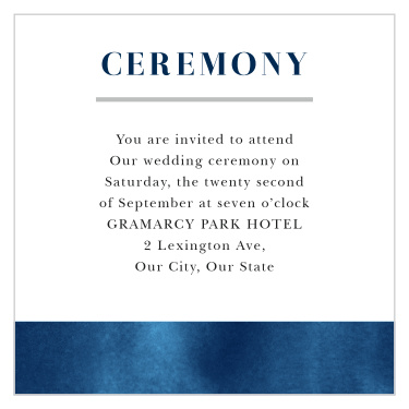 Enjoy the company of your closest loved ones when you use our Indigo Watercolor Ceremony and Rehearsal Cards.