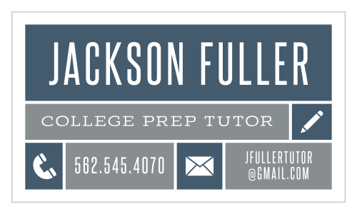 Our School Tutor Business Cards offer a clean-cut, expressive first impression for your clients. Your contact information is separated into neat boxes- each word standing out brightly in white print against alternating blues and grays- and accompanied by miniature icons to represent the purpose of each piece of information, guaranteeing that your clients' attention flows from point to point easily.