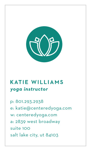 Simple, elegant and modern, the Modern Yogi Business Card features a single lotus flower in a deep woodsy green and white outline.