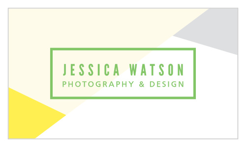Our Modern Photography Business cards feature a geometric design with modern coloring of mustard yellow and pseudo silver.