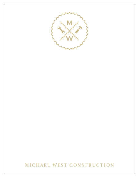 Our Construction Tools Business Stationery utilizes the tools of your trade to deliver a classic elegance- your business's initials are surrounded by those tools and encircled by a hearty ring in the same shining gold foil as the business name below, guaranteeing that your clients are left wanting more.