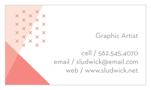 Give your potential clients a taste of your skill with our gorgeous Graphic Designer Business Cards. Clean lines and soft pinks decorate the background of the card in stunning asymmetry, while your contact details are written in an easy-to-read gray print that creates a soft contrast with the white behind it. 