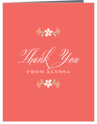 Turn your appreciation into something tangible with our Spot of Tea Baby Shower Thank You Cards. A swirling calligraphy spells out your gratitude in delicate lines, sandwiched between a double-trio of floral illustrations and hovering just above your name in bold print. With the white typefaces creating a contrast against the salmon-pink background, you can be sure that these cards are as easy to love as they are to read.