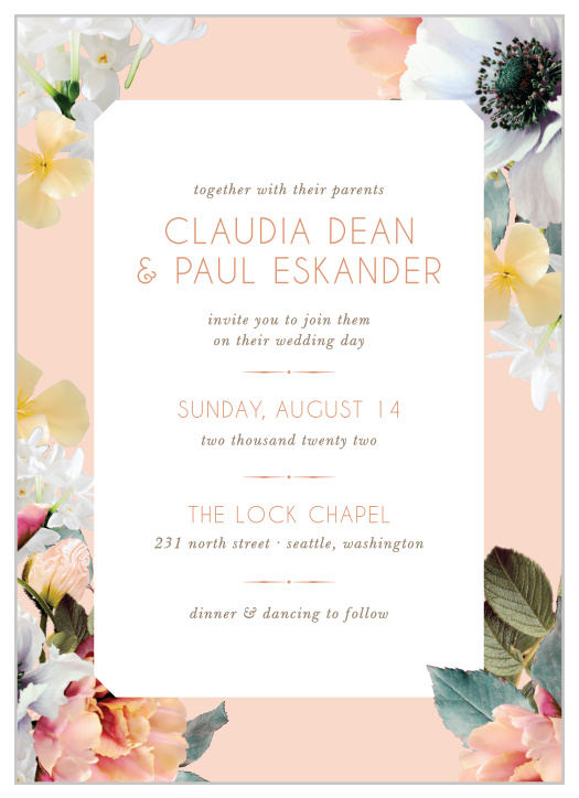 Our Dawn Flowers Wedding Invitations are heavily reminiscent of spring or summer, and are lovely enough that they may just inspire your wedding theme instead of the other way around!