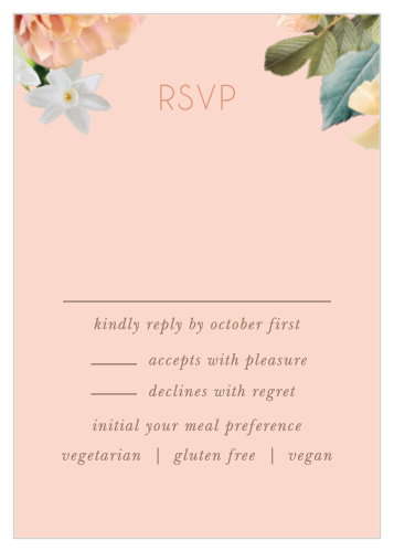 Our Dawn Flowers Response Cards feature peachy-toned colors that are accentuated by vivid floral arrangements.